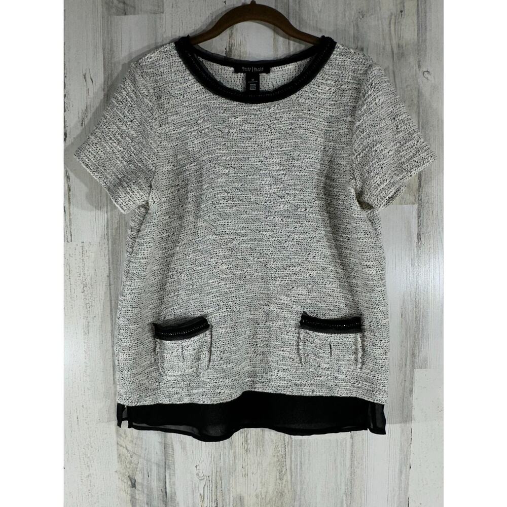White House Black‎ Market Sweater Size Medium Cream Slub Knit Black Trim Pockets